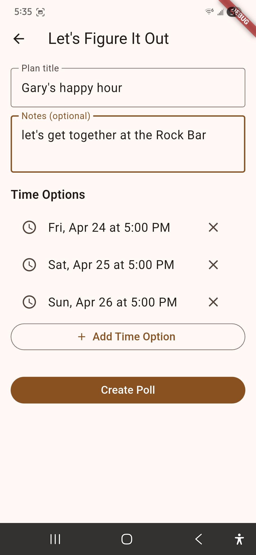 Poll creation screen for coordinating happy hour plans with friends